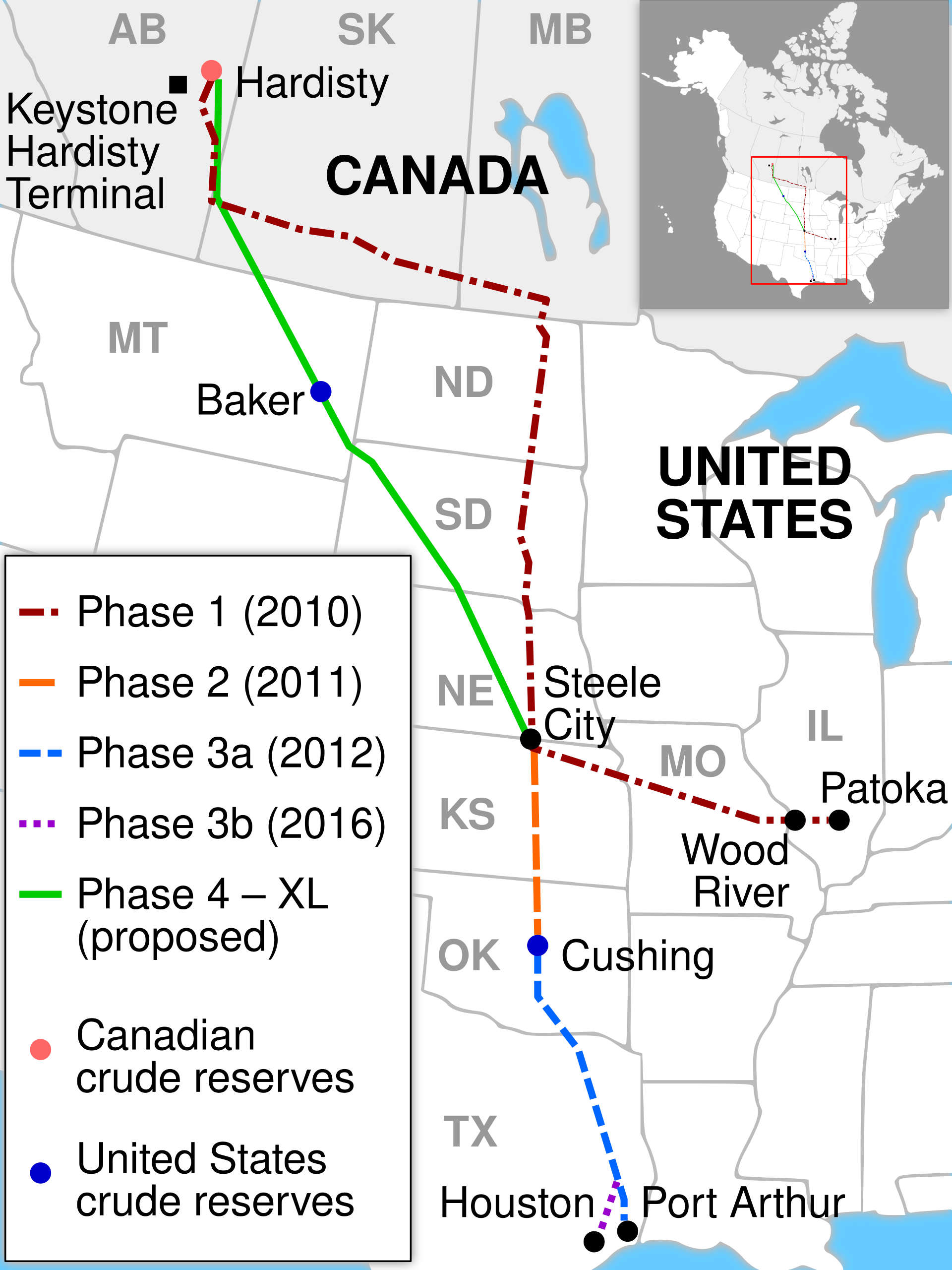 Map of the Keystone Pipeline route from Canada to the U.S.